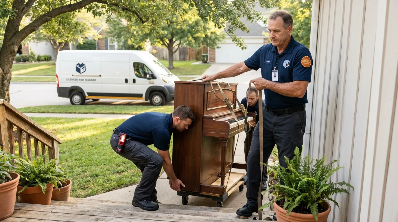 Licensed piano movers securing grand piano in Greenville, MI