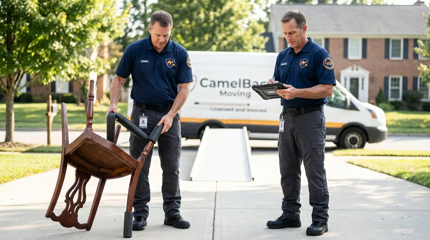 Movers inspecting furniture for damage prevention before loading in Greenville, MI
