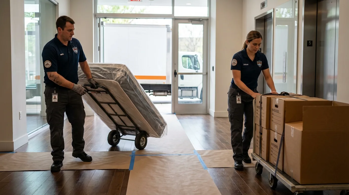 Professional apartment movers loading elevator in Greenville, MI