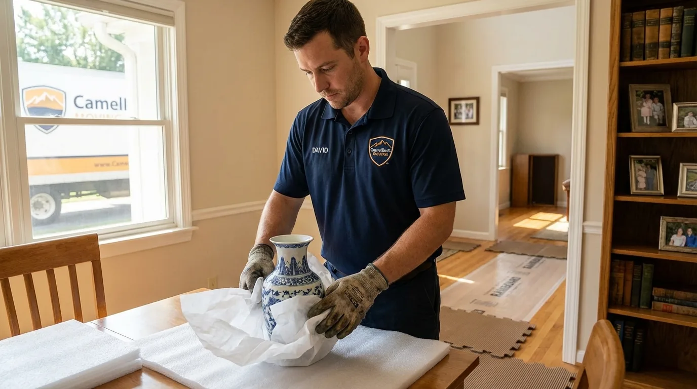 Professional crew carefully wrapping antique vase for senior downsizing move in Greenville, MI